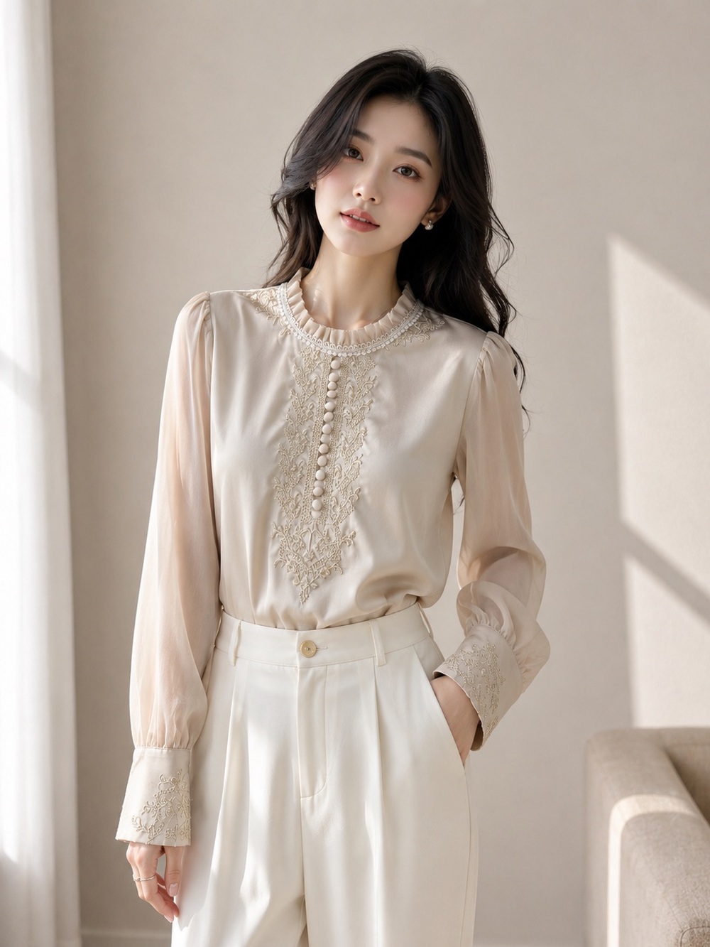 Women’s XL Ivory Satin Embroidered Ruffle Neck Long Sleeve Blouse